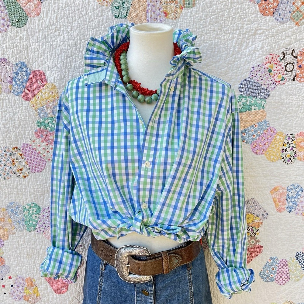 Upcycled Izod Sky Blue & Mint Coastal Cowgirl Plaid Ruffle Collar Long Sleeve XL
